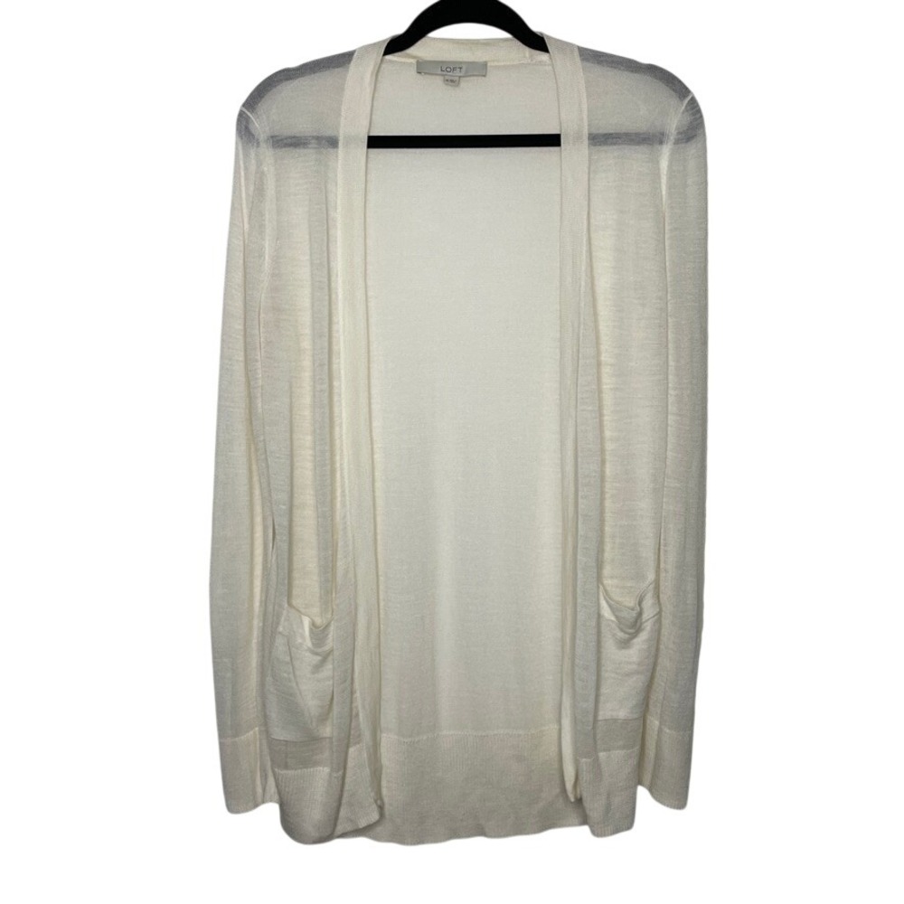 LOFT Cardigan Sweater Womens Medium White Open Front Longline Pockets Office